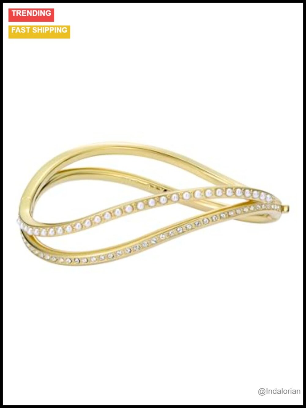 Gold Tone Plated Brass Wave Hinged Bangle Bracelet Crystals Pearls